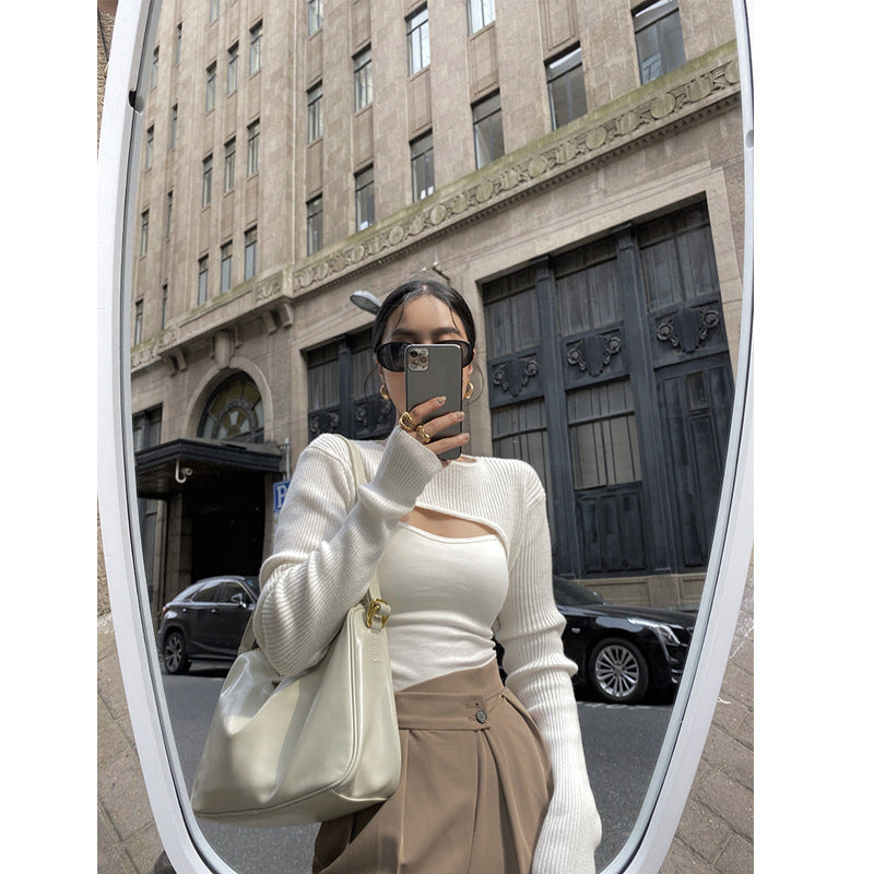 White Waistcoat Women's Outer Wear Short Round Neck Pullover