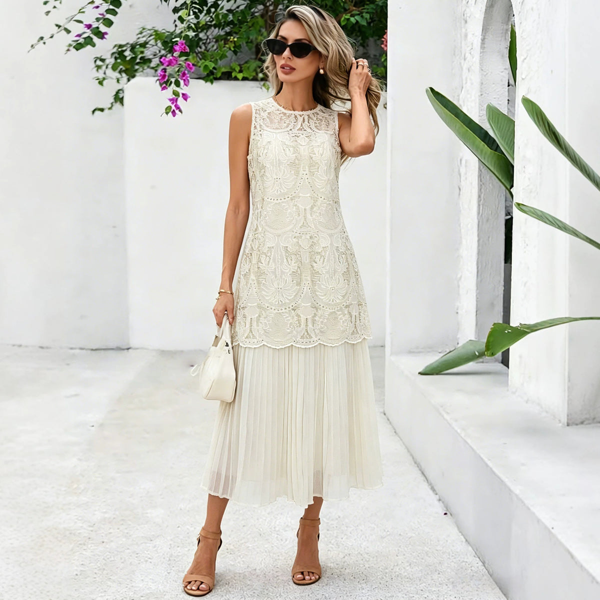 Heavy-duty Jacquard Embroidery Faux Two-piece Sleeveless Dress