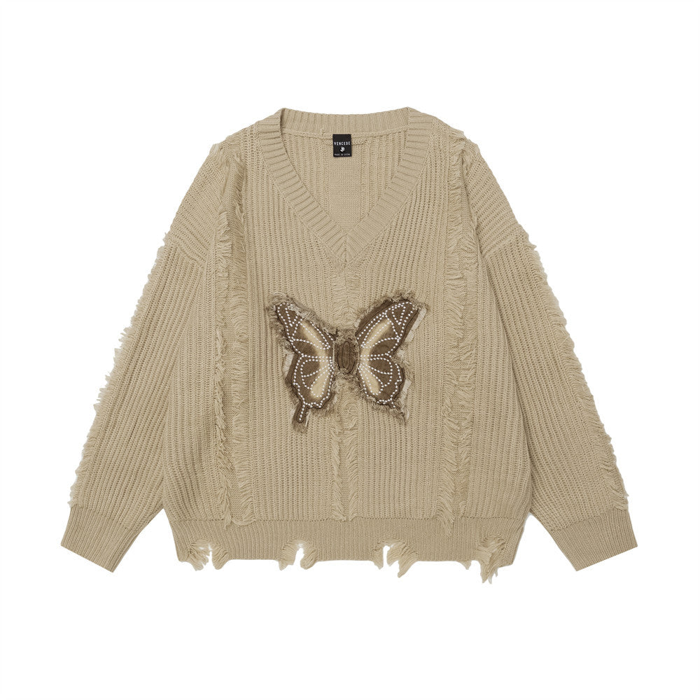 Butterfly Destroyed Frayed Knitted Worn Design V-neck Sweater