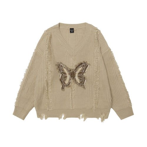 Butterfly Destroyed Frayed Knitted Worn Design V-neck Sweater
